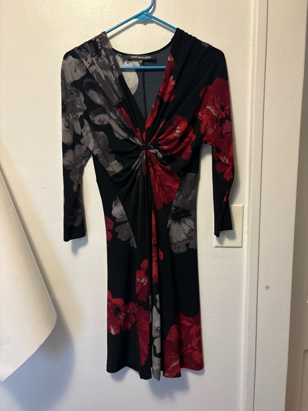 Jones Wear Black Dress with Red and Gray Floral Twist Front